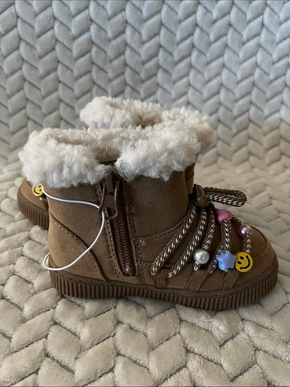 Cat & Jack Brown Faux-Shearling Kids Boots with Colorful Bead Charms